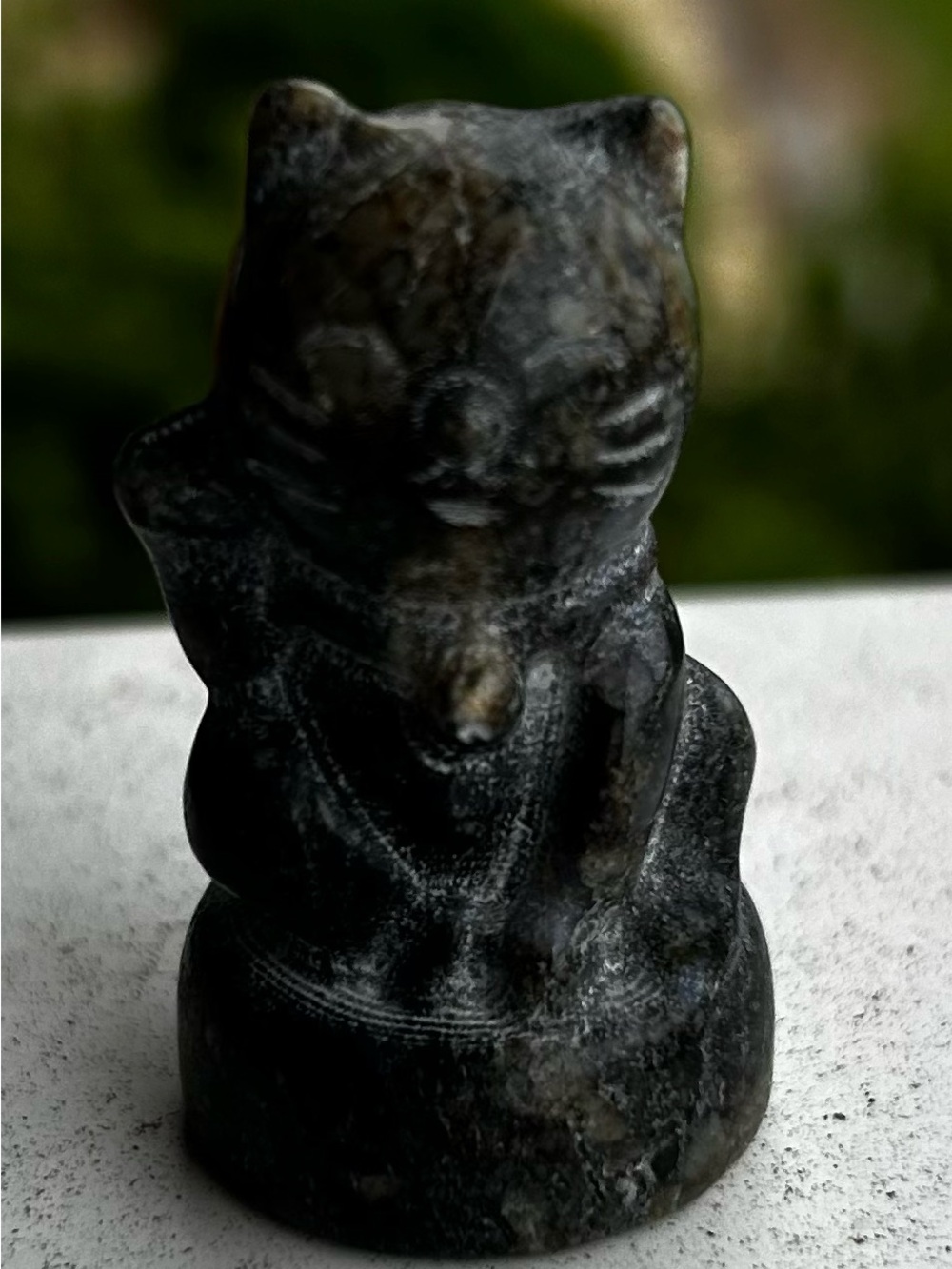 Carved Stone Lucky Cat Figurine in Dark Green-Gray